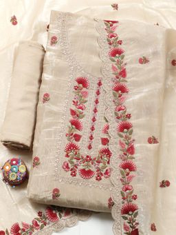 MEENA BAZAAR - Woven Beige Art Silk Unstitched Kurta with Pant and Dupatta