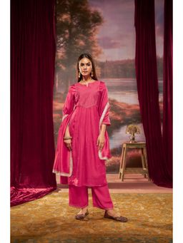BulBul - Premium Pink Silk A-Line Embroidered Women Kurta and Pant with Dupatta