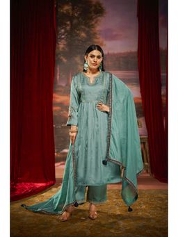 BulBul - Premium Teal Silk A-Line Embroidered Women Kurta and Pant with Dupatta