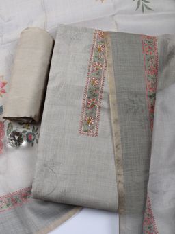 MEENA BAZAAR - Grey Linen Unstitched Kurta with Pant and Dupatta