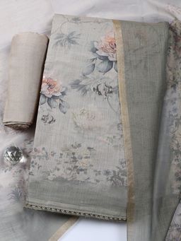 MEENA BAZAAR - Printed Beige Art Silk Unstitched Kurta with Pant and Dupatta
