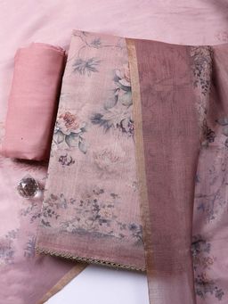 MEENA BAZAAR - Printed Peach Art Silk Unstitched Kurta with Pant and Dupatta