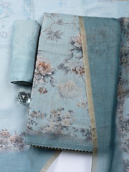 MEENA BAZAAR - Printed Blue Art Silk Unstitched Kurta with Pant and Dupatta