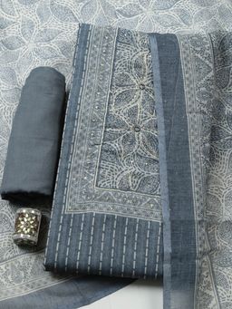 MEENA BAZAAR - Printed Grey Linen Unstitched Kurta with Pant and Dupatta