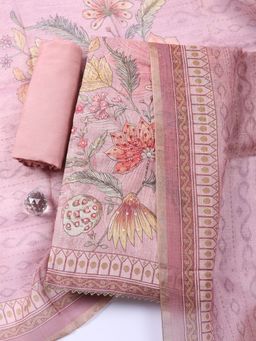 MEENA BAZAAR - Printed Pink Linen Unstitched Kurta with Pant and Dupatta