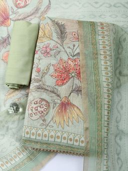 MEENA BAZAAR - Green Floral Linen Unstitched Kurta with Pant and Dupatta