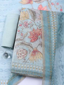 MEENA BAZAAR - Blue Floral Linen Unstitched Kurta with Pant and Dupatta