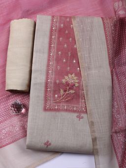 MEENA BAZAAR - Embroidered Pink Linen Unstitched Kurta with Pant and Dupatta