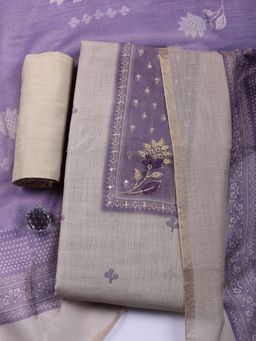 MEENA BAZAAR - Linen Purple Unstitched Kurta with Pant and Dupatta
