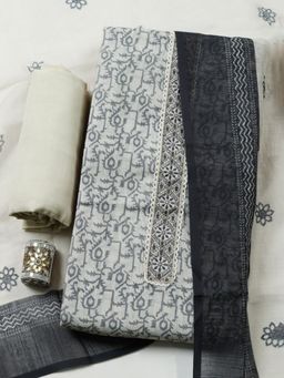 MEENA BAZAAR - Printed Beige Linen Unstitched Kurta with Pant and Dupatta