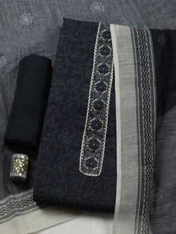 MEENA BAZAAR - Printed Black Linen Unstitched Kurta with Pant and Dupatta