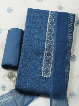 MEENA BAZAAR - Printed Blue Linen Unstitched Kurta with Pant and Dupatta