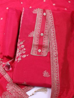 MEENA BAZAAR - Floral Pink Chanderi Unstitched Kurta with Pant and Dupatta