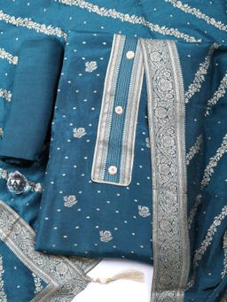 MEENA BAZAAR - Woven Blue Chanderi Unstitched Kurta with Pant and Dupatta