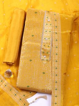 MEENA BAZAAR - Printed Mustard Chanderi Unstitched Kurta with Pant and Dupatta