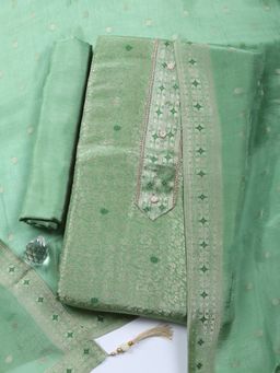 MEENA BAZAAR - Floral Green Chanderi Unstitched Kurta with Pant and Dupatta