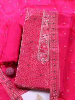 MEENA BAZAAR - Pink Floral Chanderi Unstitched Kurta with Pant and Dupatta