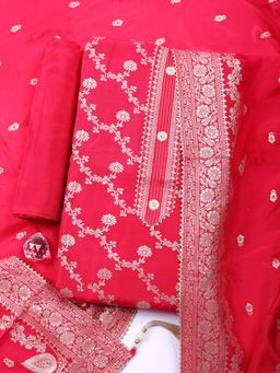 MEENA BAZAAR - Pink Chanderi Floral Unstitched Kurta with Pant and Dupatta