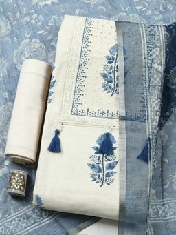 MEENA BAZAAR - Floral Cream Cotton Unstitched Kurta with Pant and Dupatta