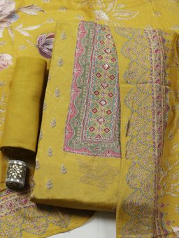 MEENA BAZAAR - Embroidered Mustard Muslin Unstitched Kurta with Pant and Dupatta