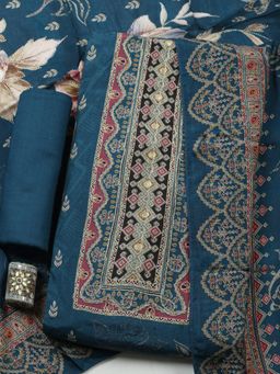 MEENA BAZAAR - Embroidered Blue Muslin Unstitched Kurta with Pant and Dupatta