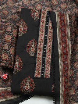MEENA BAZAAR - Floral Printed Black Cotton Unstitched Kurta with Pant and Dupatta