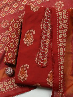 MEENA BAZAAR - Embroidered Red Cotton Unstitched Kurta with Pant and Dupatta