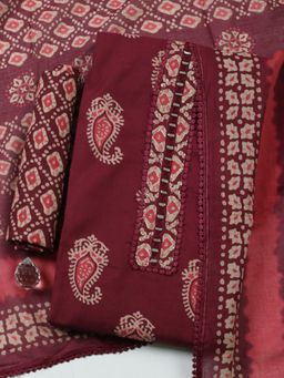MEENA BAZAAR - Embroidered Wine Cotton Unstitched Kurta with Pant and Dupatta