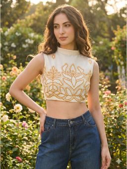 MYSHKA - Women's Thread Embroidered Off White Stitched Saree Blouse