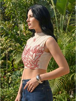 MYSHKA - Women's Off White Thread Embroidered Stitched Saree Blouse