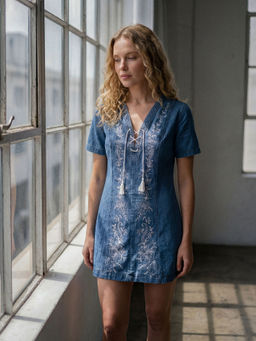 DaKauz - Embroidered Lace Up Blue Dress