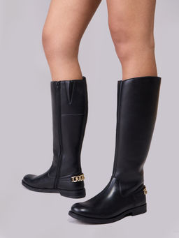 Twenty Dresses by Nykaa Fashion - Black Solid Chain Link Calf Length Winter Boots