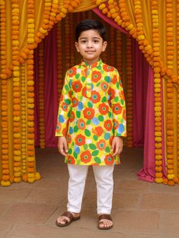 KiddoPanti - Boys Multi-Color Cotton Tropical Floral Printed Full Sleeves Kurta