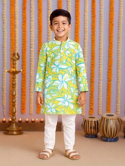 KiddoPanti - Boys Yellow Cotton Floral Printed Full Sleeves Kurta