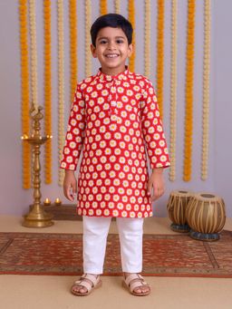 KiddoPanti - Boys Red Cotton Daisy Printed Full Sleeves Kurta
