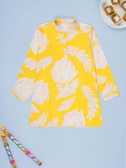 KiddoPanti - Boys Yellow Cotton Floral Printed Full Sleeves Kurta