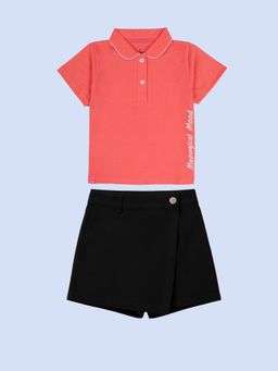 KiddoPanti - Girls Orange Smiling Kitty Graphic Printed Polo T-Shirt With Skort