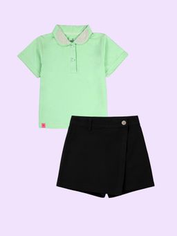 KiddoPanti - Girls Green Solid Polo T-Shirt With Over Lap Skort