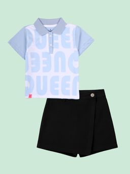 KiddoPanti - Girls Blue Printed Polo T-Shirt With Cotton Skort