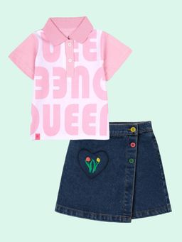 KiddoPanti - Girls Pink Printed Polo T-Shirt With Cotton Skort