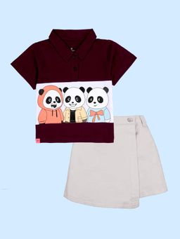 KiddoPanti - Girls Maroon Panda Graphic Printed Polo T-Shirt And Cotton Skort