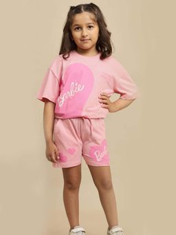 Kidsville - Pink Official Barbie Graphic Printed Pure Cotton \T-Shirt And Shorts