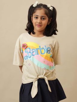 Kidsville - Official Barbie Graphic Printed Oversized Round Neck Beige T-Shirt