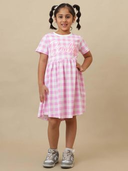 Kidsville - Pink Official Barbie Checks Printed Cotton Dress