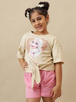 Kidsville - Official Frozen Graphic Printed Oversized Round Neck Beige T-Shirt