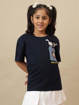 Kidsville - Official Hello Kitty Graphic Printed Oversized Round Neck Navy Blue T-Shirt