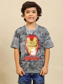 Kidsville - Official Iron Man Graphic Printed Grey Regular Fit Reversible Sequin T-Shirt