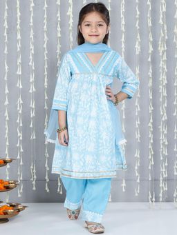 KID1 - Blue Floral Printed Anarkali Kurta With Pant And Dupatta