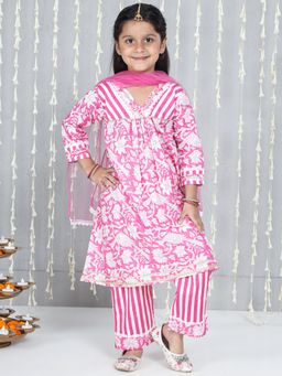 KID1 - Pink Floral Printed Anarkali Kurta With Pant And Dupatta