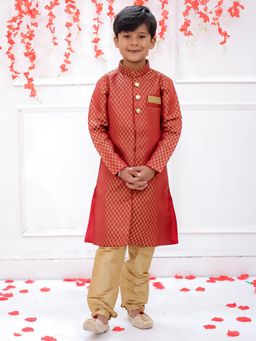 KID1 - Red Woven Butti Jacquard Kurta With Pyjama